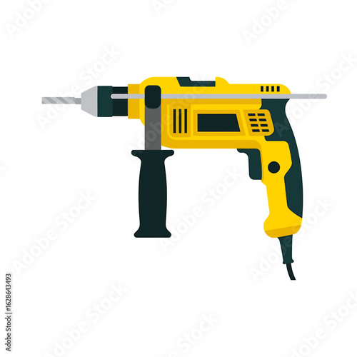 Isolated Yellow and Black Electric Drill Illustration for Home Improvement Projects and Construction Needs with Gray Drill Bit