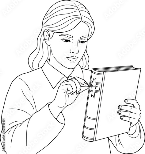 Woman Inserting Bookmark into Book - Black and White Line Art Illustration