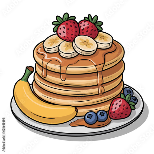Delicious Pancake Stack with Fresh Berries and Banana Syrup Drizzled Generously on Top Artistic Illustration