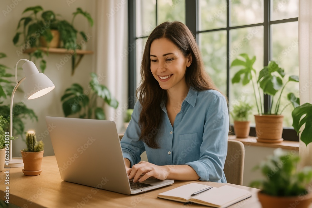 Young woman working from home in a bright, cozy workspace with natural light and green indoor plants. She’s smiling and typing on a silver laptop at a wooden desk near large windows. Young woman working from home in a bright, cozy workspace with natural light and green indoor plants. She’s smiling and typing on a silver laptop at a wooden desk near large windows.