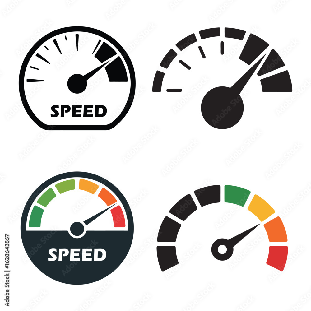 Speed Meter Icon Set – Speedometer and Performance Gauge Symbols on White Background Speed Meter Icon Set – Speedometer and Performance Gauge Symbols on White Background