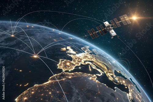 Global connectivity satellite network illuminates earth s nighttime continents and orbiting spacecraft