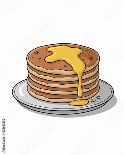 Delicious stack of pancakes drizzled with honey sitting on a white plate tempting cartoon breakfast illustration