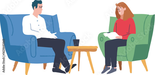 Illustration of Therapy Session Featuring Therapist and Patient Engaged in Discussion in an Office Setting