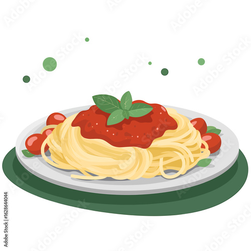 Delicious spaghetti with tomato sauce basil and cherry tomatoes on a white plate perfect Italian dish cartoon style food illustration