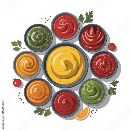 Colorful Assortment of Gourmet Sauces in Bowls Perfect for Culinary Creations and Food Photography with fresh herbs and citrus