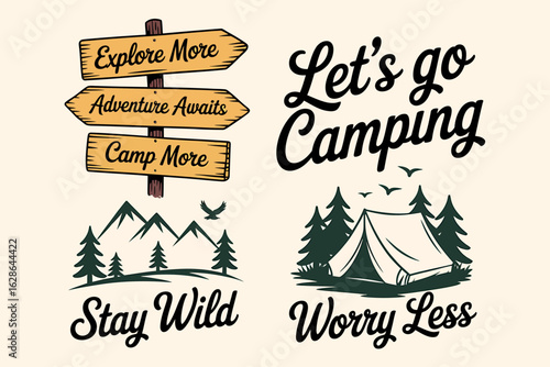 Camping Adventure with Motivational Phrases and Outdoor Elements for Nature Enthusiasts and Travel Lovers Inspiration
