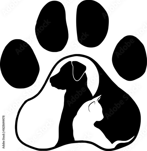 Pet Paw Silhouette Logo – Black Vector of Dog and Cat Facing Each Other Inside Stylized Paw Print