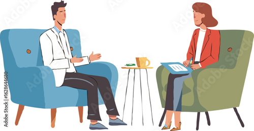 Vector Illustration of Counseling Session Doctor with Patient in Clinic Armchairs Coffee Cup and Report Diagnosis or Treatment