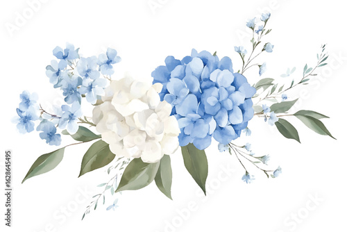 Watercolor Hydrangea Vector PNG on Transparent Background Floral Arrangement Illustration with Blue and White Blooms
