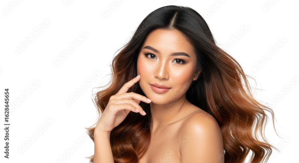 Fototapeta premium Attractive young asian woman with long wavy hair and flawless skin, touching her face, isolated on transparent background