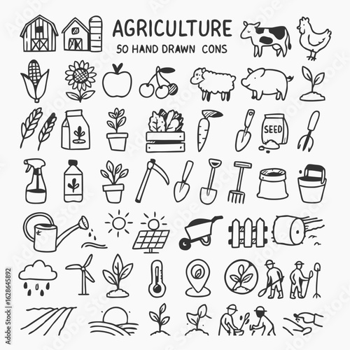 Hand-drawn Agriculture  Farming Icons Set: Animals, Crops, Tools,  Nature Doodles
