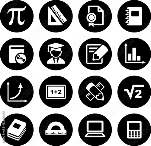 Mathematics and Education Icon Set – Black Circular Symbols of Graphs, Tools, Books, and Learning Devices