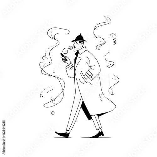 Sherlock holmes detective illustration with pipe and smoke in black and white line art style drawing vector