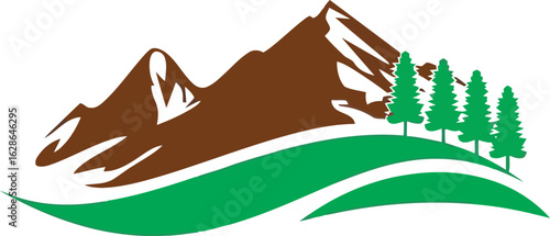 Mountain Landscape Vector – Stylized Snowy Peaks, Green Hills, and Trees for Nature and Outdoor Themes