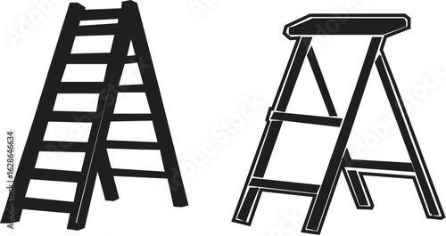 Versatile Ladder Illustrations Step Ladder, A-Frame Ladder, Extension Ladder Icons - Perfect for Construction, Home Improvement, Silhoutee vector.