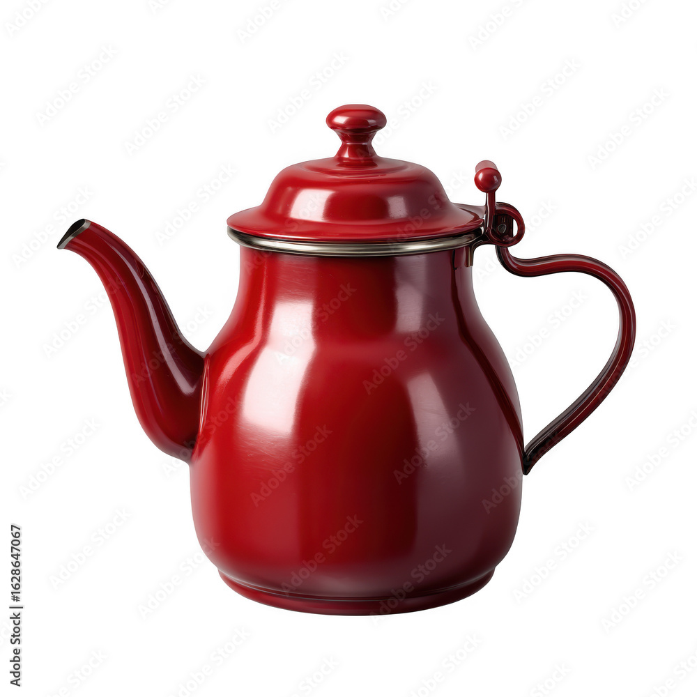 Fototapeta premium Shiny red enamel teapot with a curved handle and spout isolated on transparent background