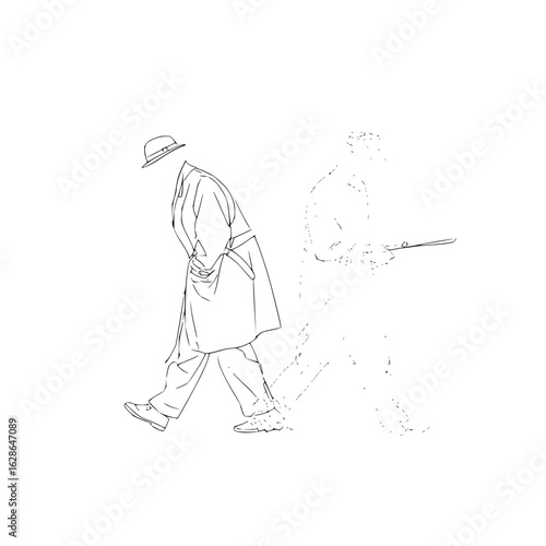 Man walking drawing outline sketch figure person hat coat trenchcoat shadow detective style art lineart 100