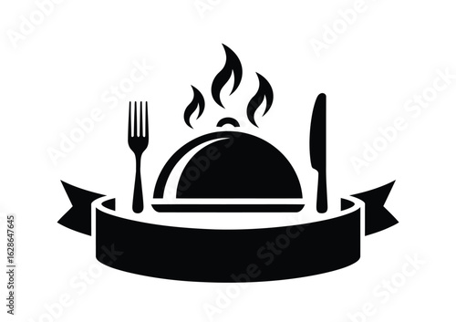 restaurant icon with cloche and rising steam, fork and knife on each side, ribbon banner below depicting dining and food service concept