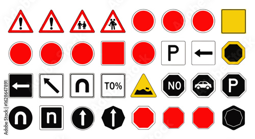 A diverse collection of vector road traffic signs, featuring warning, regulatory, and informational symbols in various shapes and colors.