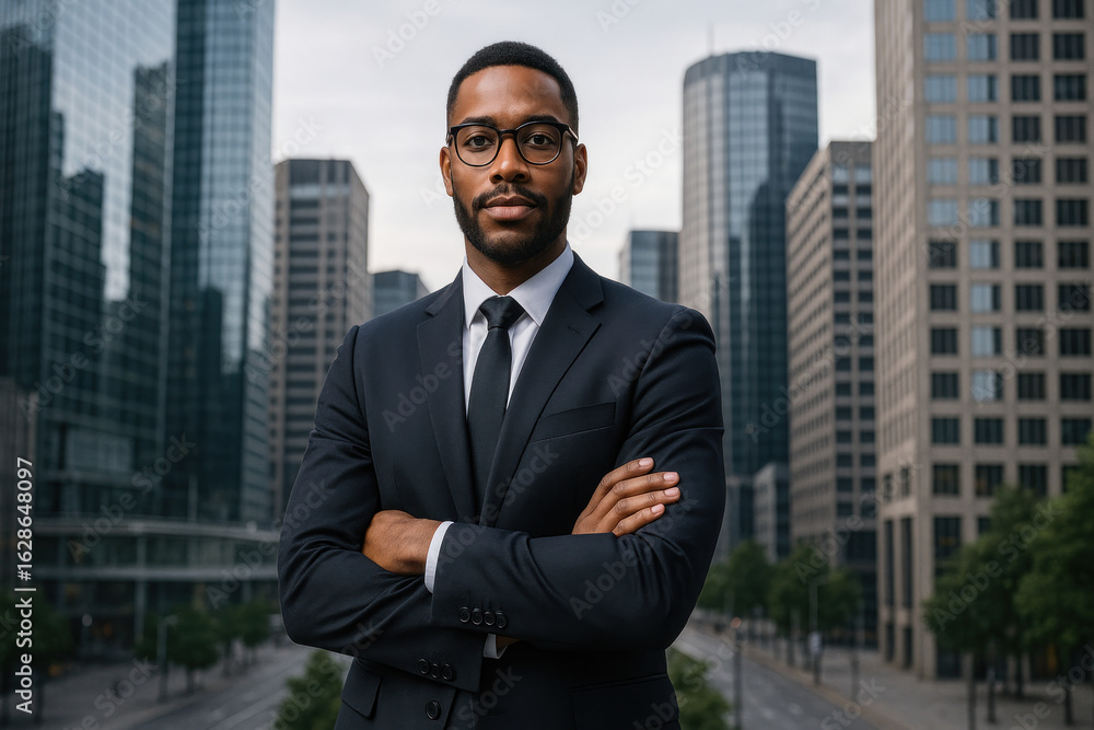 Fototapeta premium A man in a suit and tie standing in front of a cityscape.