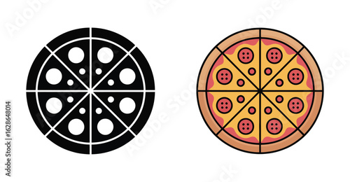 abstract and realistic comparison of pizza slices, black and white minimal icon beside colorful pepperoni pizza illustration in top view