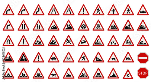 Comprehensive set of red-bordered triangular road warning signs and octagonal stop signs.