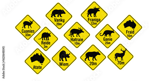 Collection of yellow diamond road signs with black silhouettes of various animals and Australia, featuring unique fictional names and distance markers.
