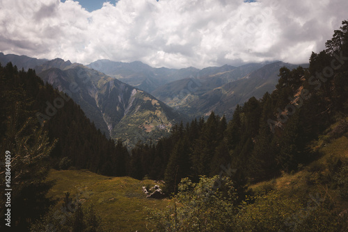 Moody alpine valley view framed by dark conifer slopes