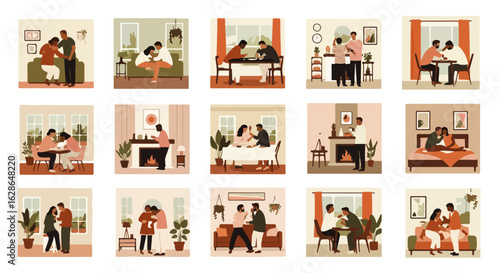 Set of modern flat illustrations depicting diverse couples in various domestic life scenes, showing love and togetherness.