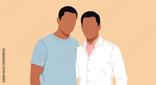 Stylish faceless portrait of two men, one in a blue tee, one in a white shirt and pink cravat.