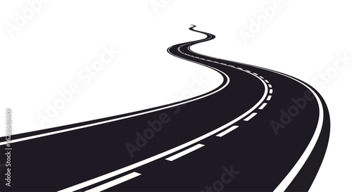 Graphic illustration of a dark, winding two-lane road with white dashed and solid lines.