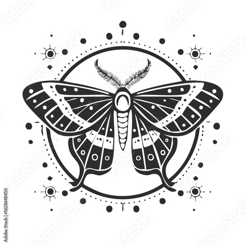 Detailed moth illustration in black and white with lunar circle and celestial elements, mystical insect design