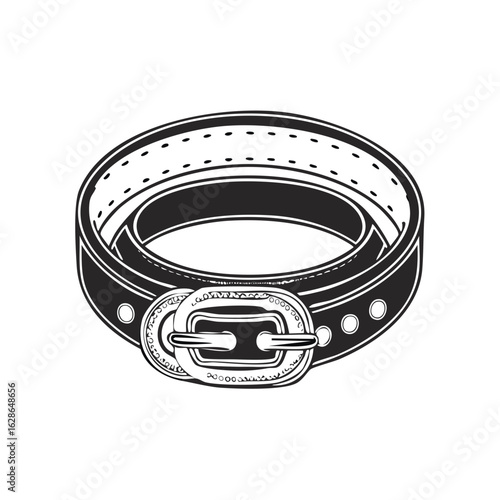 Coiled fashion belt with classic buckle in a black and white line art illustration