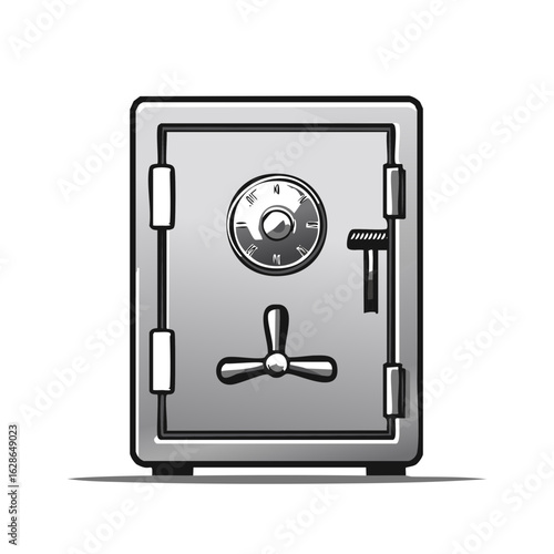 Cartoon style safe with combination dial and turn handle locking valuables and protecting belongings from theft or robbery illustration