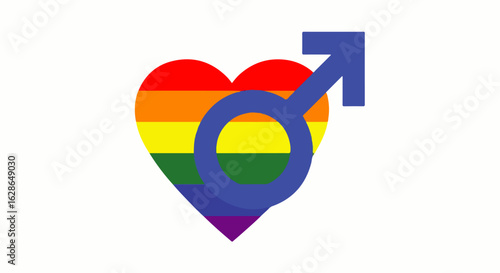 Blue male gender symbol overlaying a vibrant rainbow striped heart, representing gay pride.