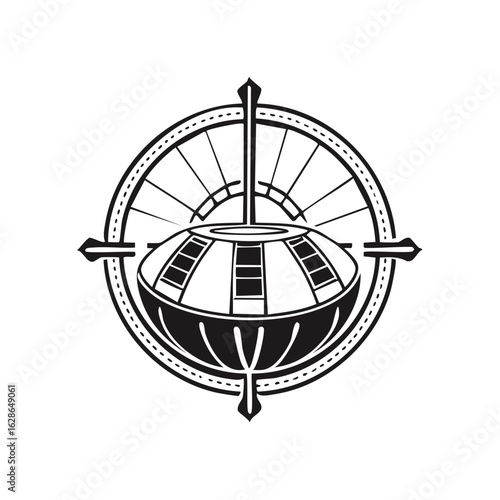 Abstract geometric design of a circular compass symbol with a dome element