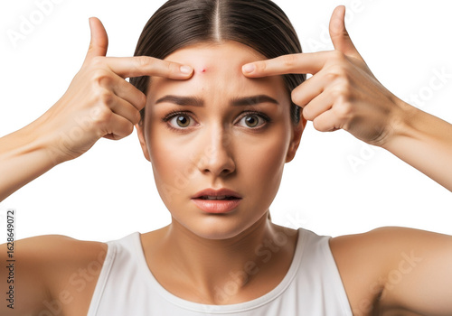Worried young woman pointing at a pimple on her forehead, isolated on transparent background