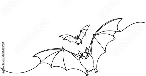 Minimalist Line Drawing of Two Flying Bats, Perfect for Halloween and Spooky Designs