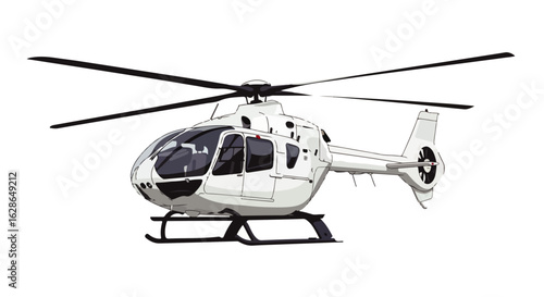 Sleek white helicopter with black rotors and landing skids, detailed vector illustration.