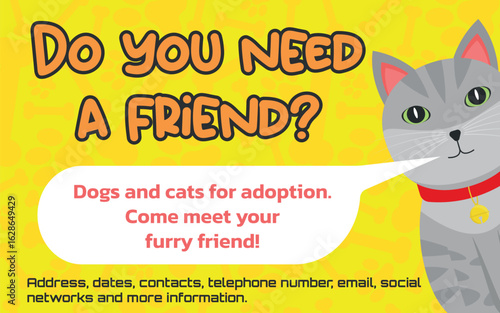 Adoption Banner Template - Do You Need a Friend. Cat Illustration Promoting Adoption of Dogs and Cats. Yellow Footprints and Bones Background.