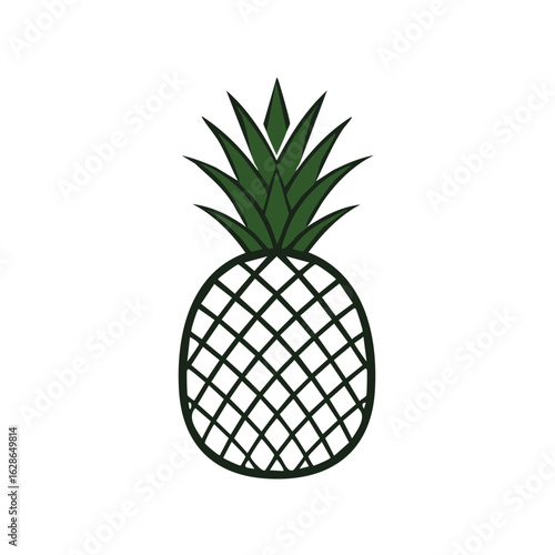 Illustration of a Pineapple fruit with dark green crown and crosshatch marking, tropical fruit illustration