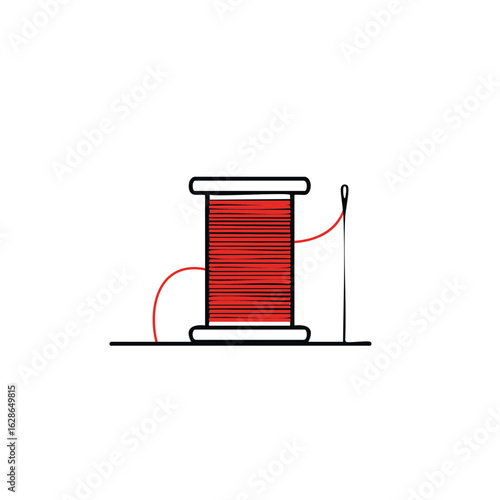 Illustration of red thread spool and needle. Sewing concept.