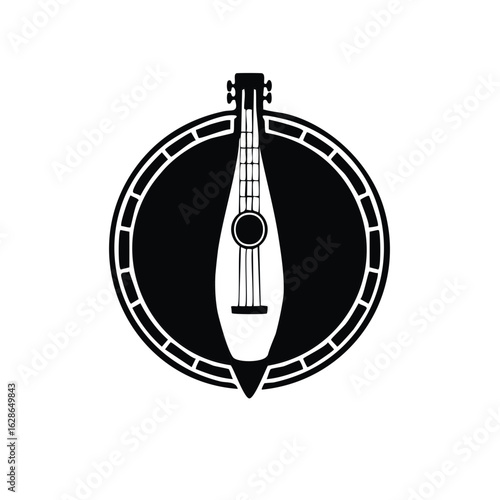 Black and White Stylized Lyre Musical Instrument Icon in a Circular Emblem