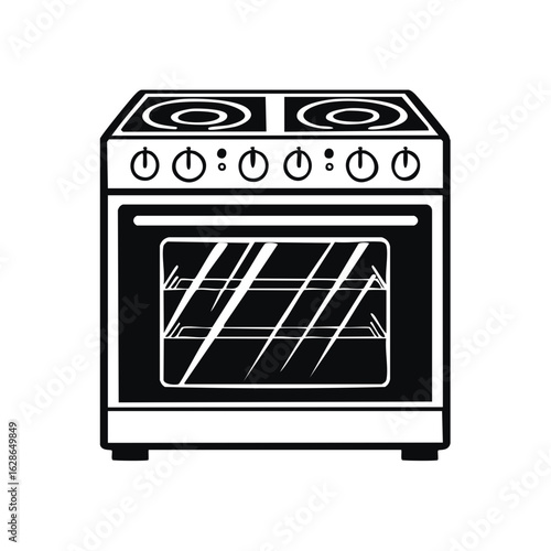 Black and white illustration of a kitchen oven with electric cooktop
