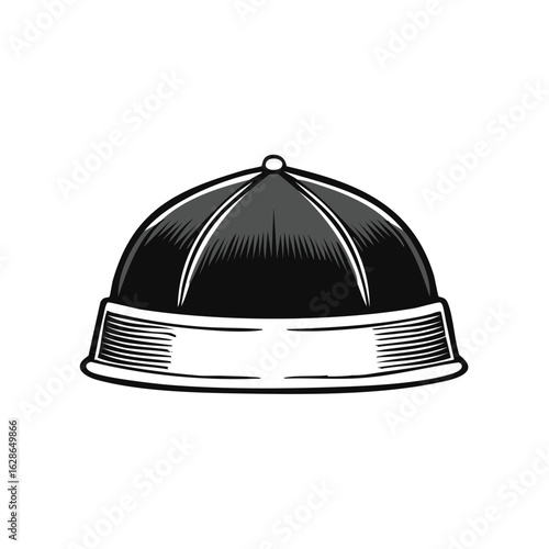 Illustration of a traditional skullcap, monochrome vintage headwear item