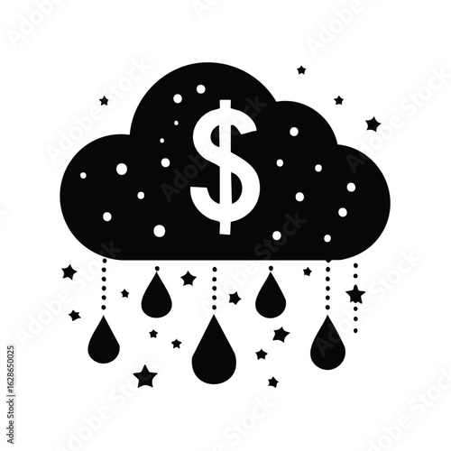 Black cloud with dollar sign and raining money drops and stars