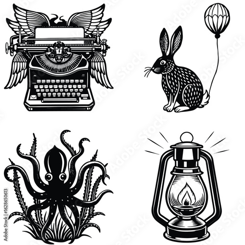 Vector art of vintage typewriter with wings, rabbit with balloon, octopus, and lantern, isolated on white background