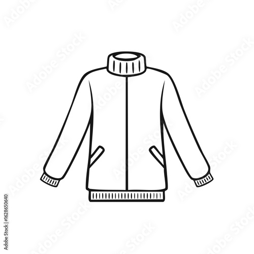 Black and white vector illustration of a jacket with pockets, high neck, and zipper closure