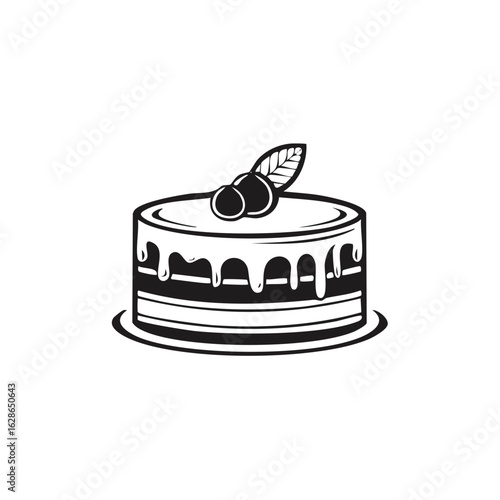 Black and white vector icon of a layered celebration cake with dripping frosting and berries